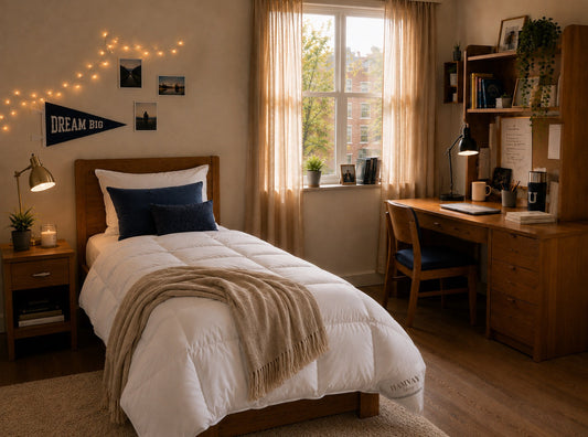 university student's dorm room with goose down bedding