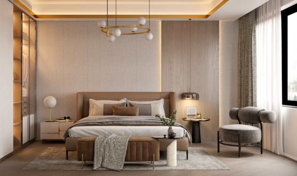 Cosy hotel bedroom with stylish furniture