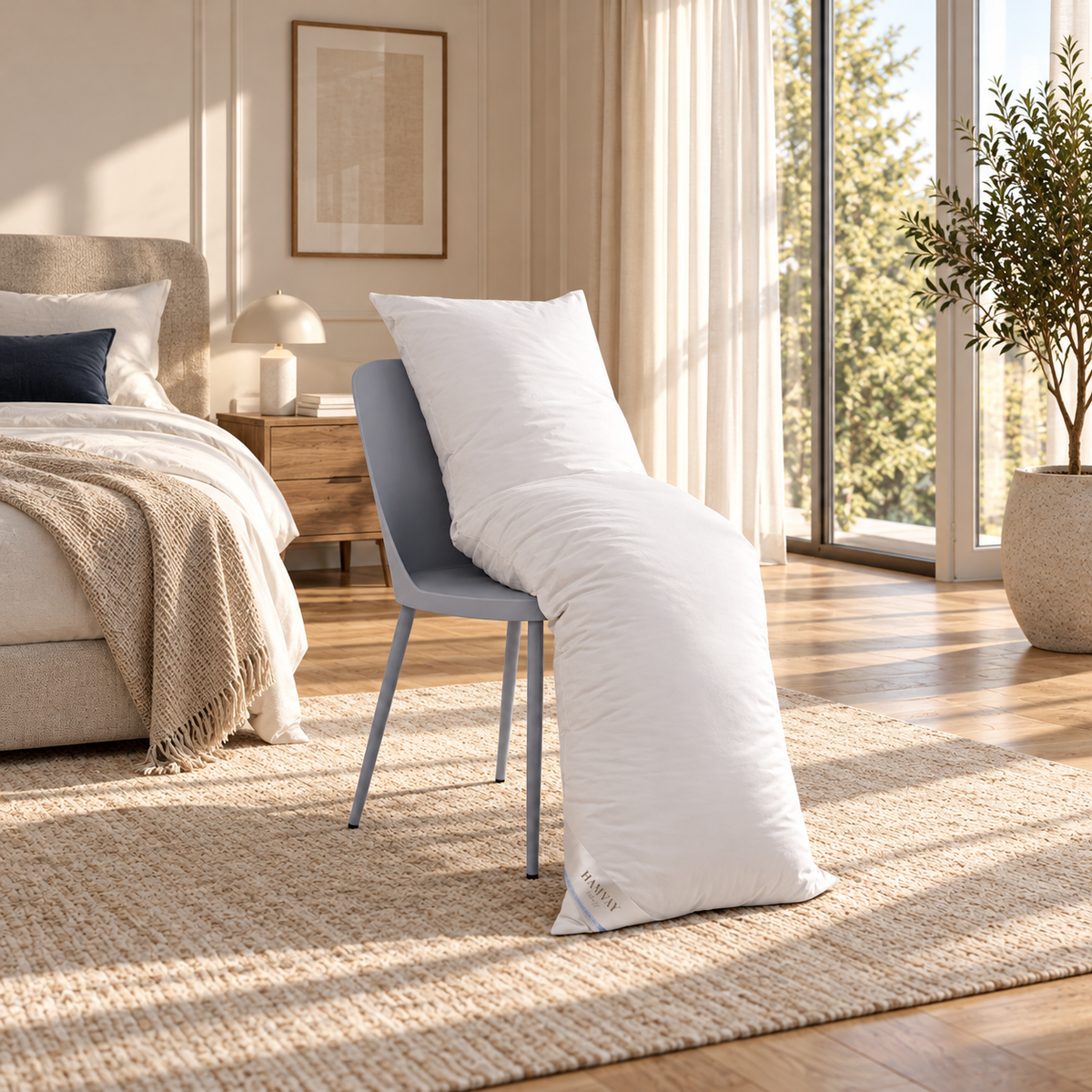 A supportive body pillow placed on a grey chair in a bedroom.