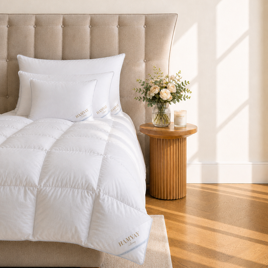 White comforter on a bed with a side table and flowers in a bedroom setting