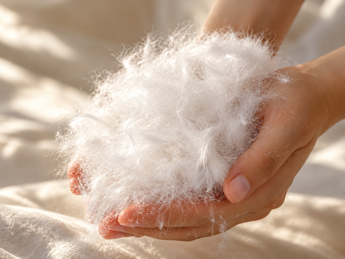 A close-up of a person's hands holding fluffy goose down against a soft beige fabric background.