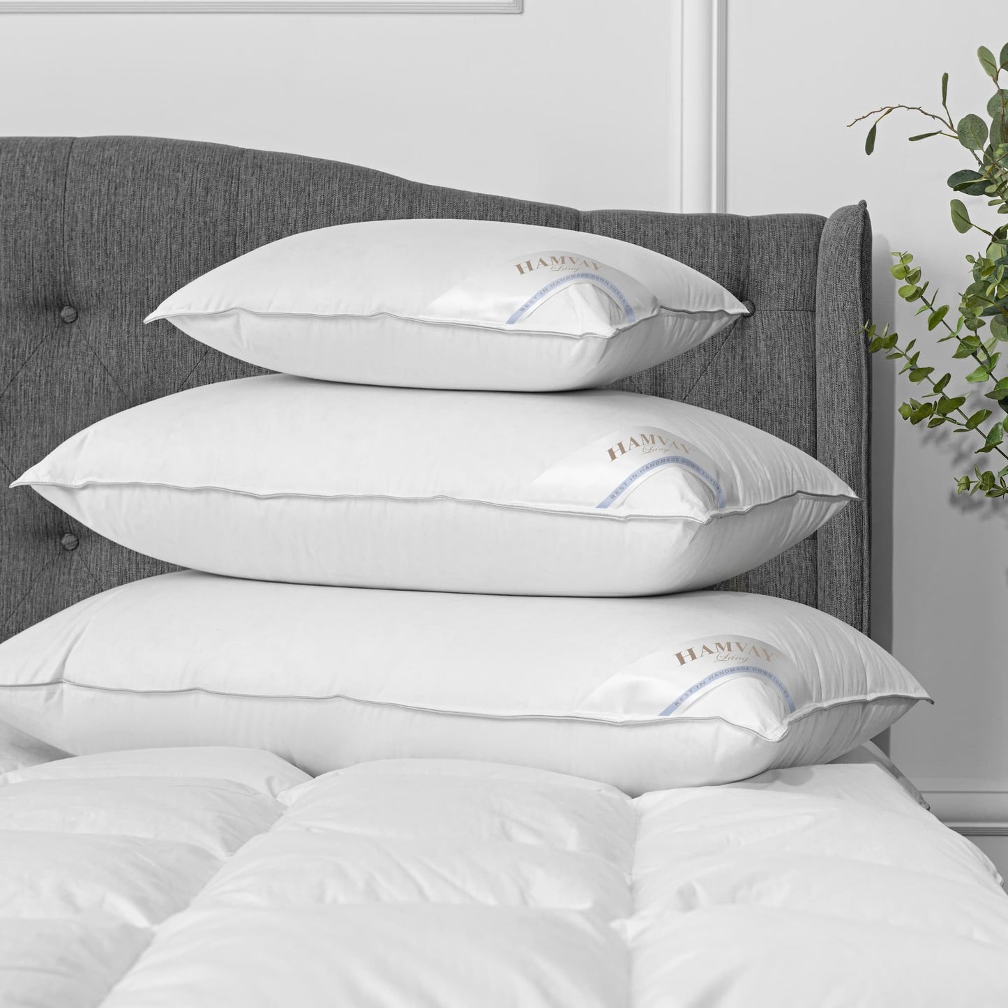 PureComfort Hungarian goose down pillows on top of each other