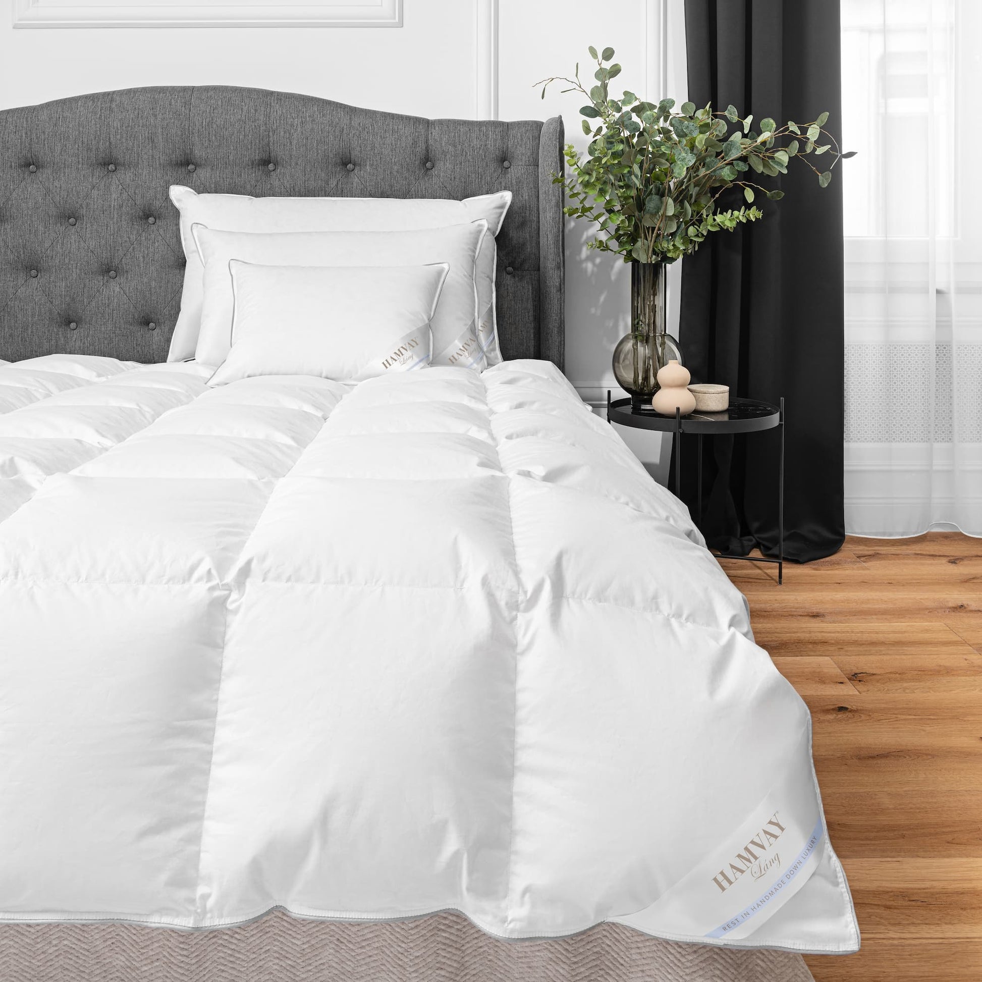 Ultimate Hungarian goose down comforter and pillows on a neatly made bed