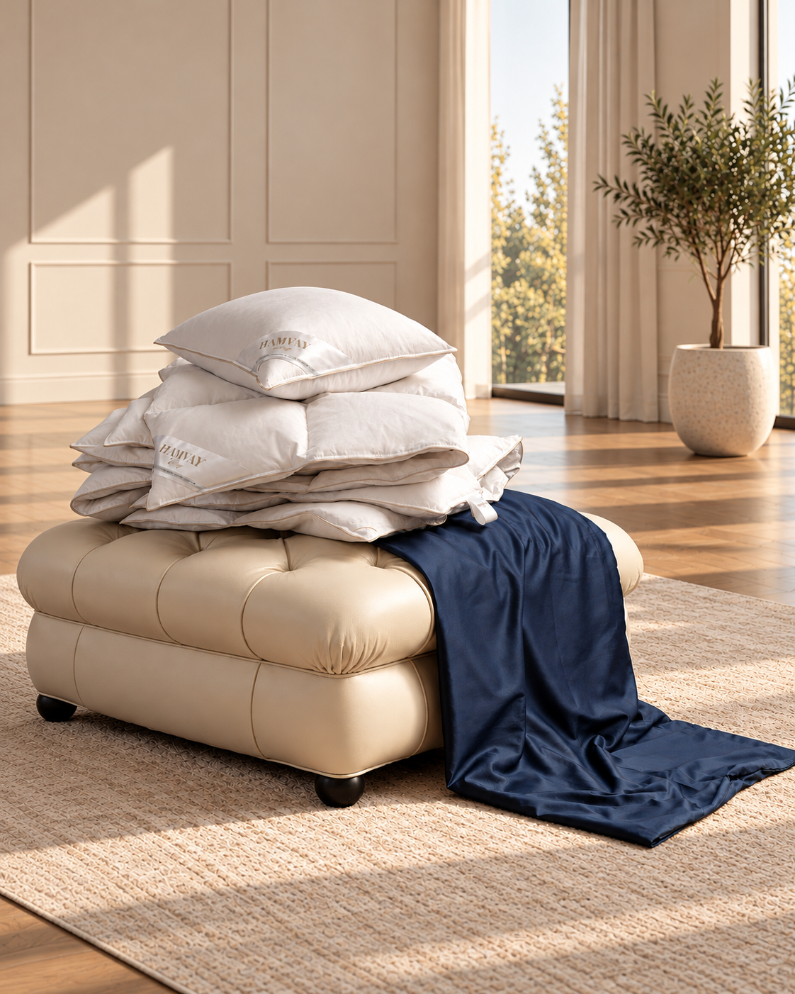 A stack of white pillows and comforters rests on a beige tufted ottoman in a bright, sunlit room with wood floors, a rug, and a potted plant. A navy blue throw blanket is draped over the side of the ottoman.
