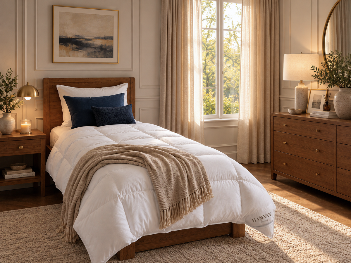 A neatly made bed in a warm, sunlit bedroom featuring a white quilted comforter, navy blue pillows, a beige throw blanket, a wooden headboard and footboard, a matching wooden dresser, and beige curtains.