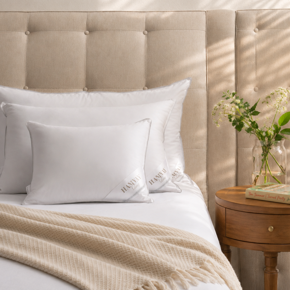 White decorative pillows with gold embroidered Hamvay-Láng branding arranged on a bed with a beige tufted headboard, white bedding, and a cream knit throw blanket. A wooden nightstand with a glass vase of flowers is visible on the right.