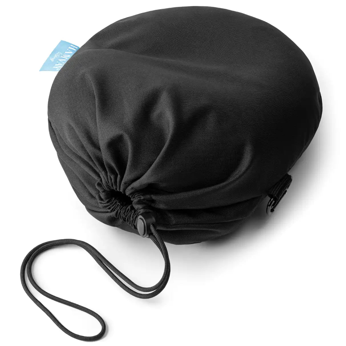Black drawstring bag on a white background