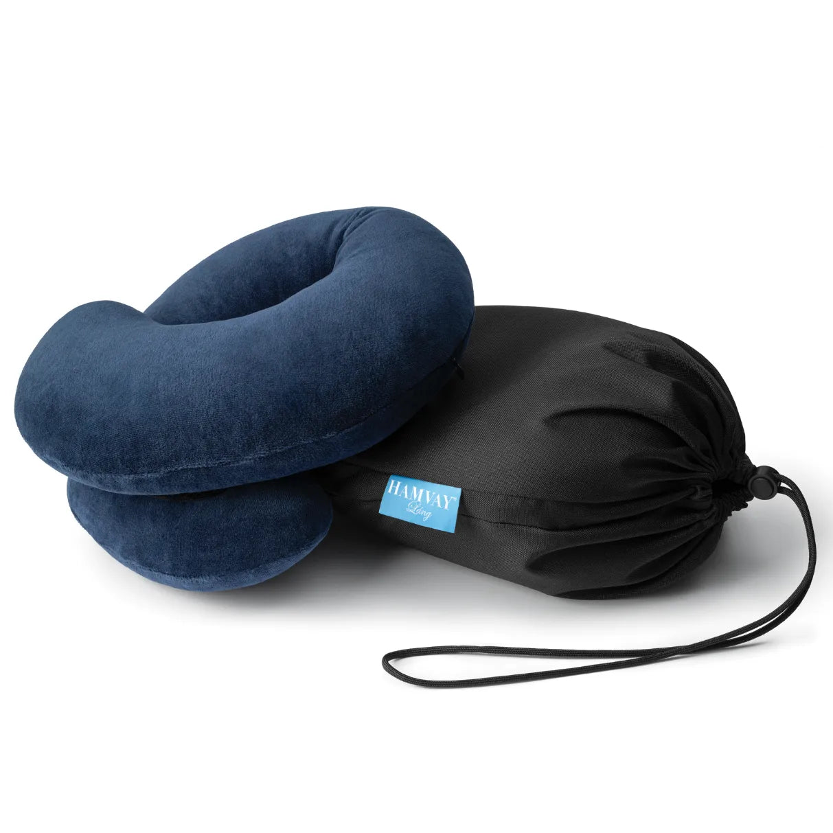 Blue travel neck pillow with black carrying pouch on a white background
